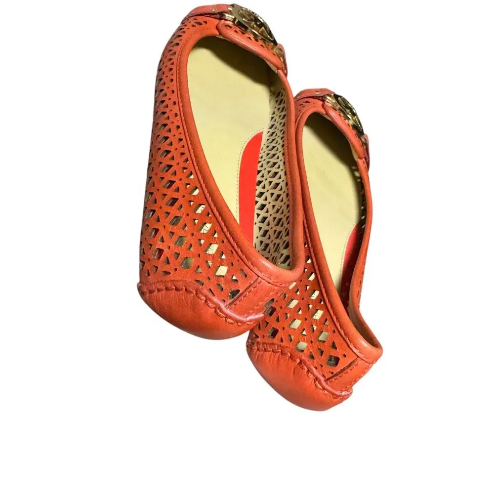 Michael Kors Orange Laser Cut Leather Ballet Flats With Gold MK Logo Womens Size